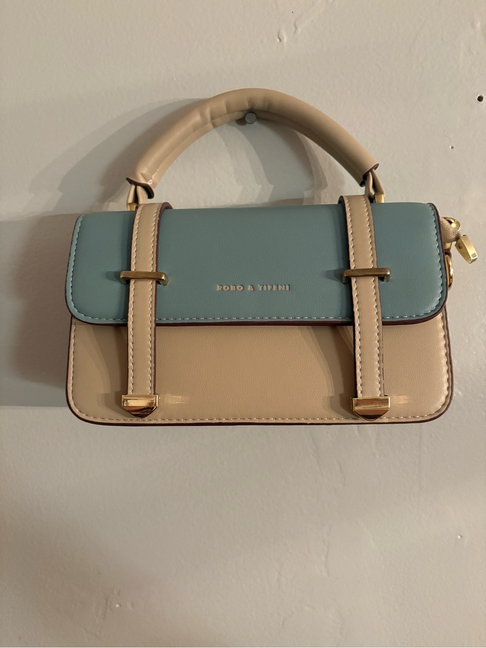 Robo and Tifeny Two-Tone Blue and Cream Top-Handle Crossbody Bag 6x9” NWOT